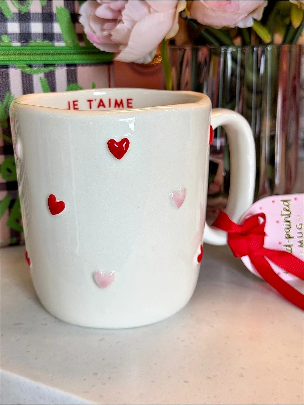 Je t’aime hand painted Sunday Morning Ceramic Heart in White & Pink & Red NWT